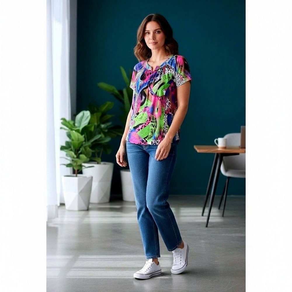 Studio M Womens Abstract Animal Print Short Sleeve Blouse Multicolor Top XL